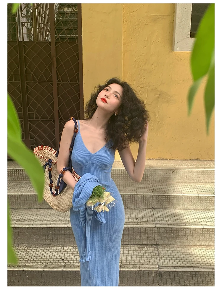 Vintage Chic Knitted 2-piece Dress Set Women Crop Cardigan V-neck Spaghetti Strap Bodycon Midi Dress Autumn New Female Clothing