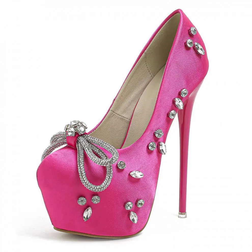 

Luxury Rhinestone Bow Crystal High Heels Sexy Thin Heel Pointed Waterproof Table Large Size Super High Heel Single Shoes 35&42
