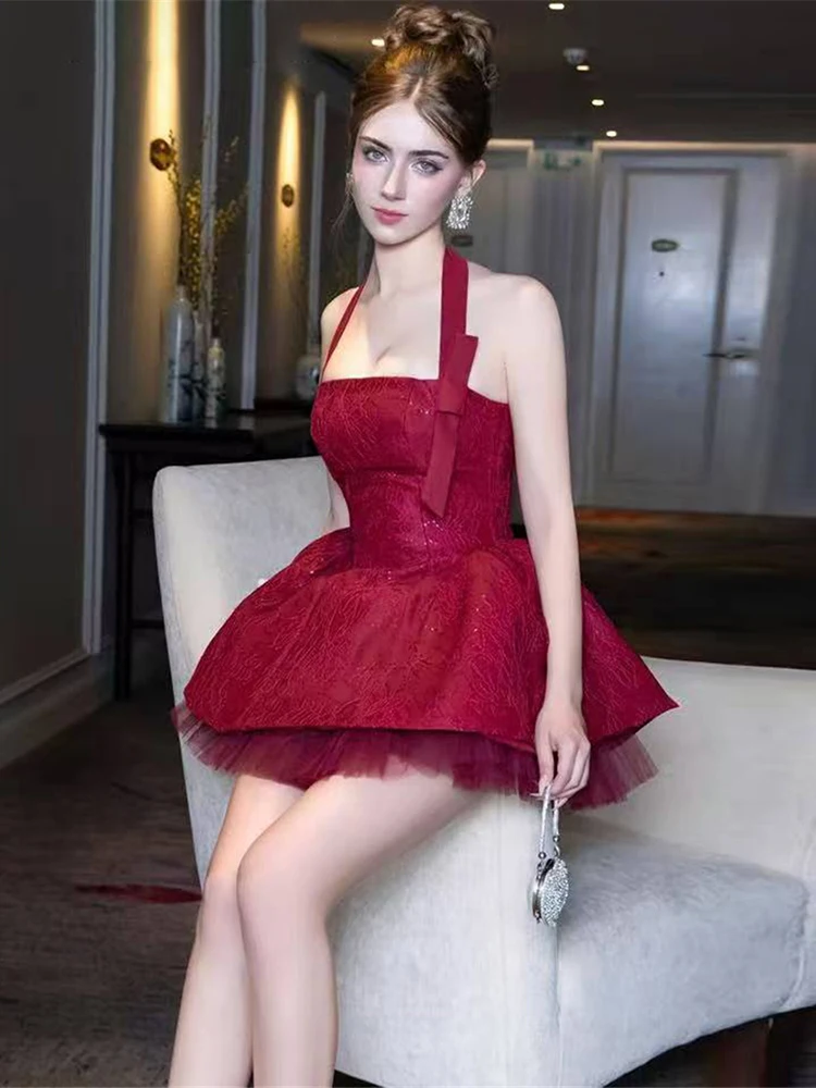 Nibber Birthday Party Jacquard Dresses+Mesh Puffy Skirts Women Sexy Noble Bow Sequin Sleeveless Halter Backless Stretch Suits