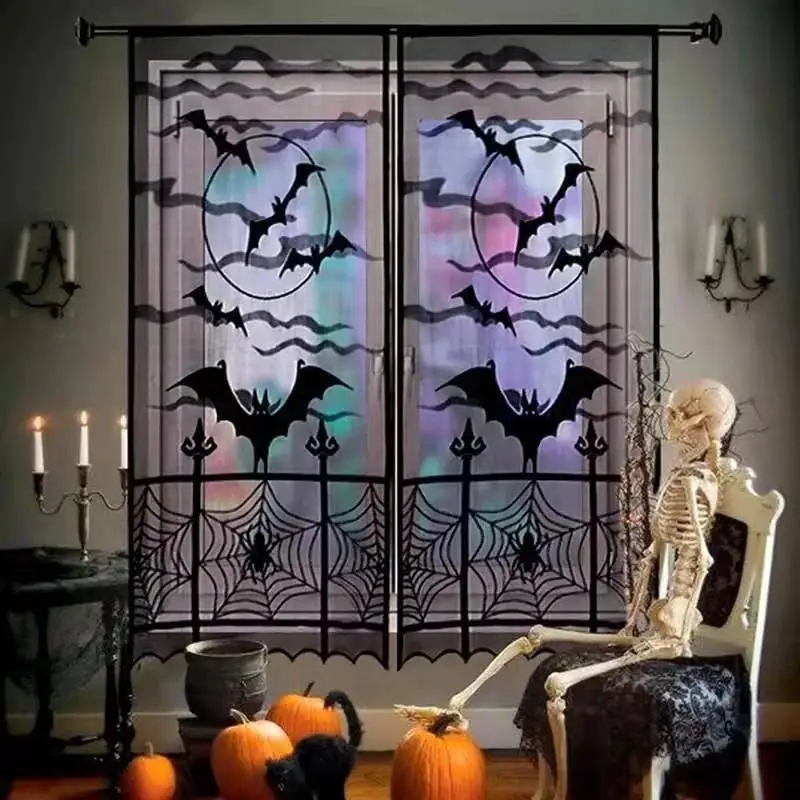 New 1 Pcs Halloween Decoration Spider Witch Bat Skull Door Curtain Ghost Festival Black Lace Curtain Home Party Decoration