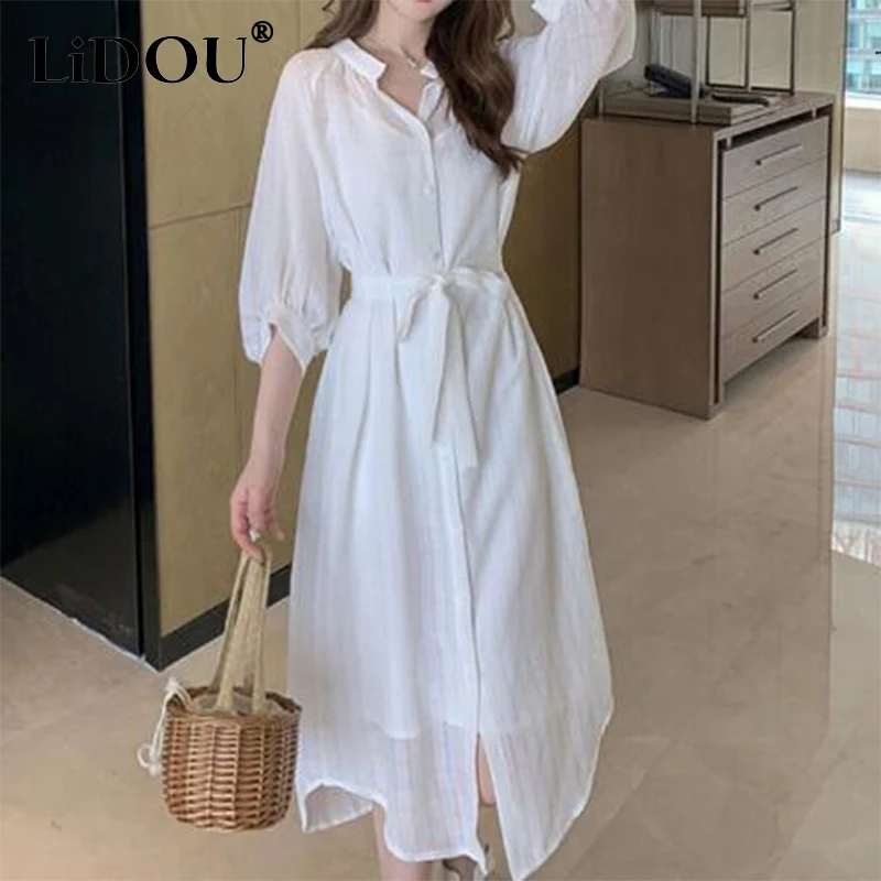 

Summer New Korean Style Office Lady Elegant Fashion White Two Piece Shirt Dress Women Temperament Waist Belt Dress Robe Femme