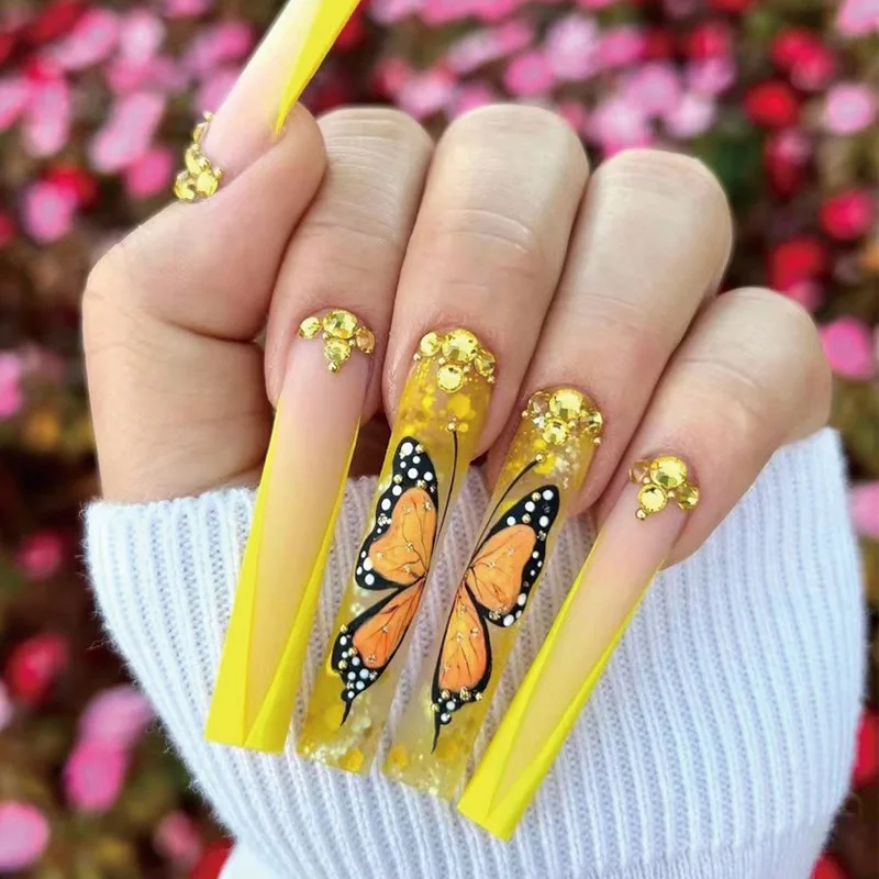 

24pcs Butterfly Rhinestone False Nails Yellow French Tip Press on Nails Long Ballerina Coffin Nail Tips Full Cover Fake Nails
