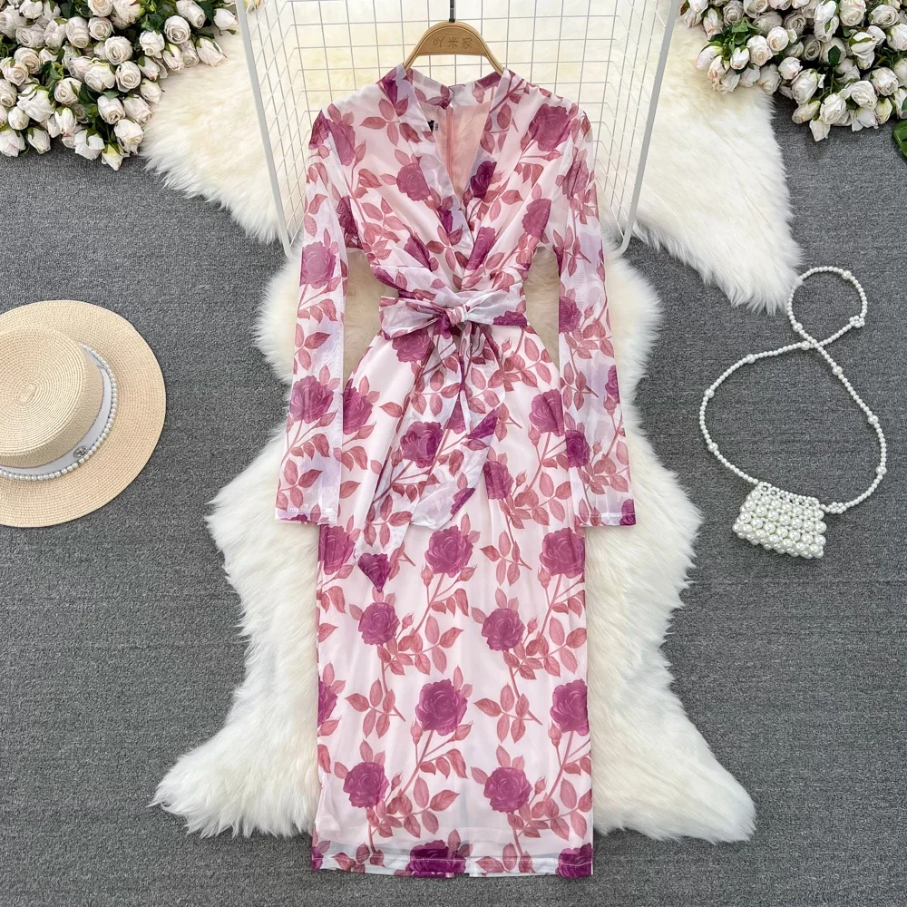 

Chic Elegant Floral Print Mesh Hotsweet Lace-up Dress Sexy High Waist Vestidos Long Sleeve Women Spring Autumn Vintage Dress