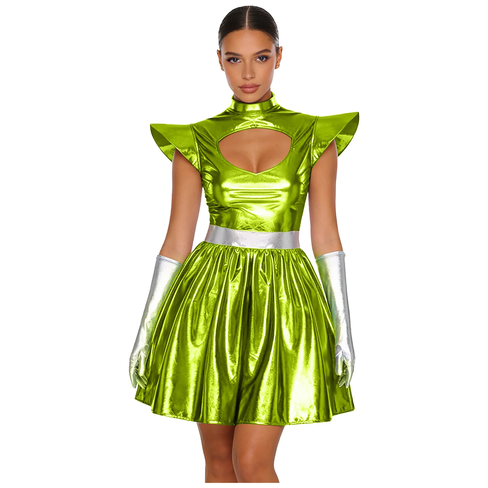 Women's Metallic Astronaut Cosplay Dress with Gloves and Structured Shoulders