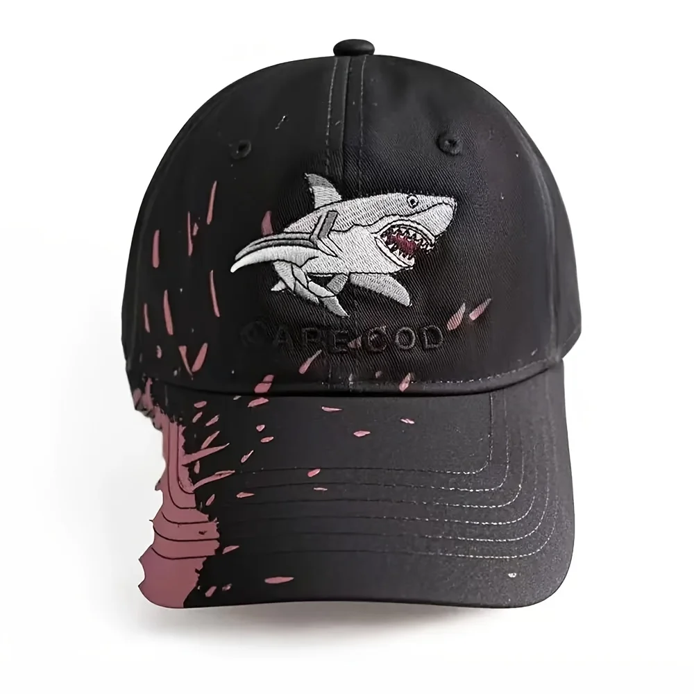 1pc Unisex Shark Embroidered Baseball Cap - Funky Style Black with Pink Accents, All-Season Comfort, Durable 야구 모자