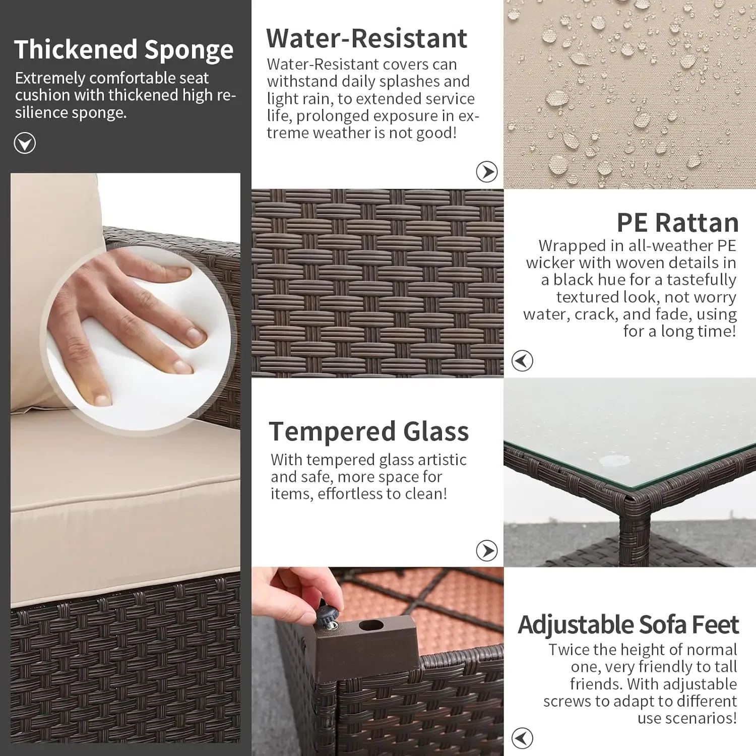 NEW-3 Pieces Patio Single Sofa Chairs and Glass End Table Outdoor Chairs Set of 2 and SideTable with Anti-Slip Cushions , Khaki