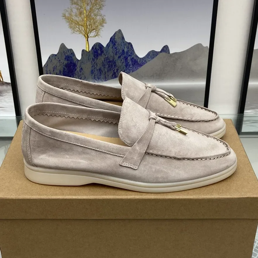 

Metal Lock Women Loafers Flat Shoes Summer Walk Moccasins Blue Suede Leather Tassel Mules Driving Causal Female Slip On Slippers