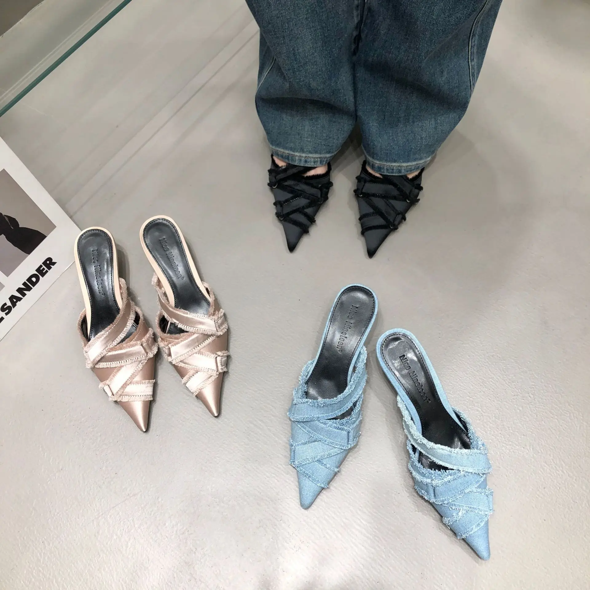 Spring New Girl High Heel Slippers, European and American Fashion, Pure and Sweet Style, Baotou Versatile Girl Single Shoes