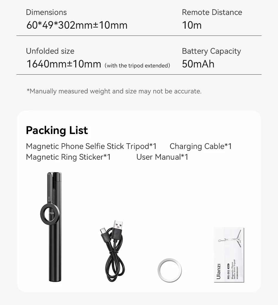 MG-002 Max Magnetic Phone Selfie Stick Tripod with Remote 1.64m Extendable Selfi
