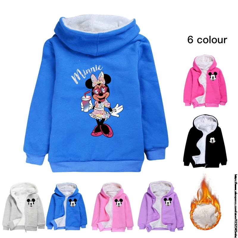 Kids Jackets Mickey Minnie Winter Thick Coats Warm Cashmere Outerwear Girl Hooded Jacket Children Clothes 1-15Y Toddler Overcoat