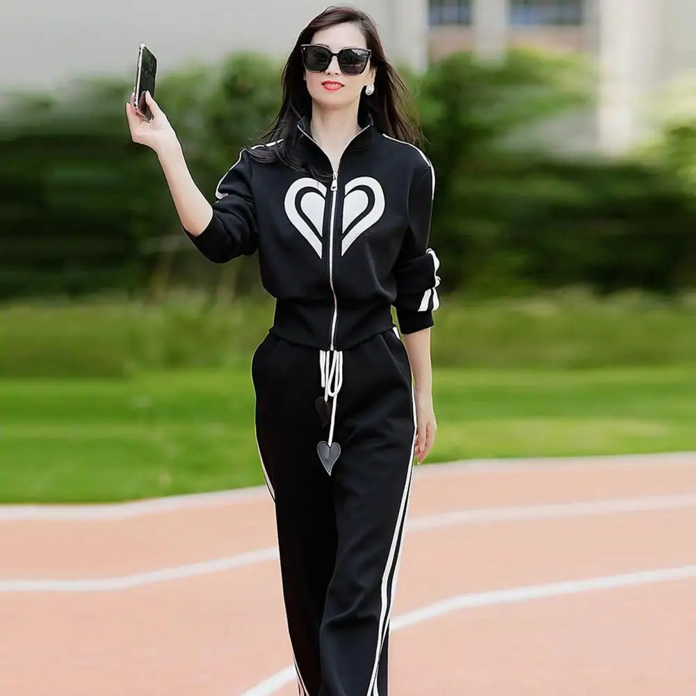 

Women Coat Pants Set Autumn Winter Sport Outfit Stylish Women's Sport Outfit Heart Print Sweatshirt Coat Wide for Autumn/winter