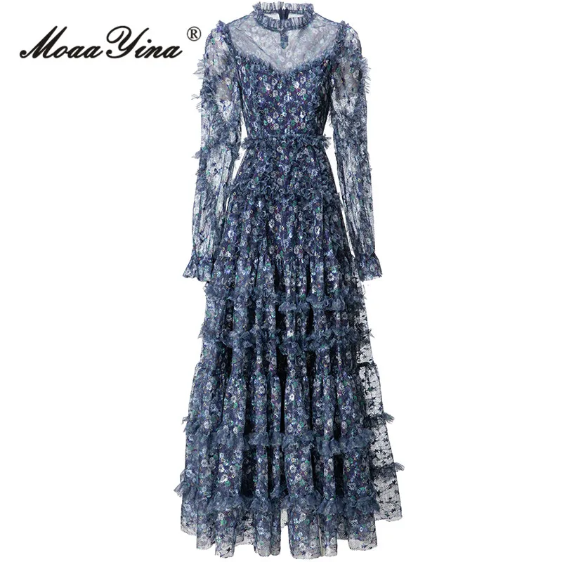 

MoaaYina, Осеннее модное дизайнерское винтажное платье с цветочным принтом, женское платье с круглым вырезом, длинным рукавом, высокой талией, Сетчатое платье с оборками, тонкое длинное платье