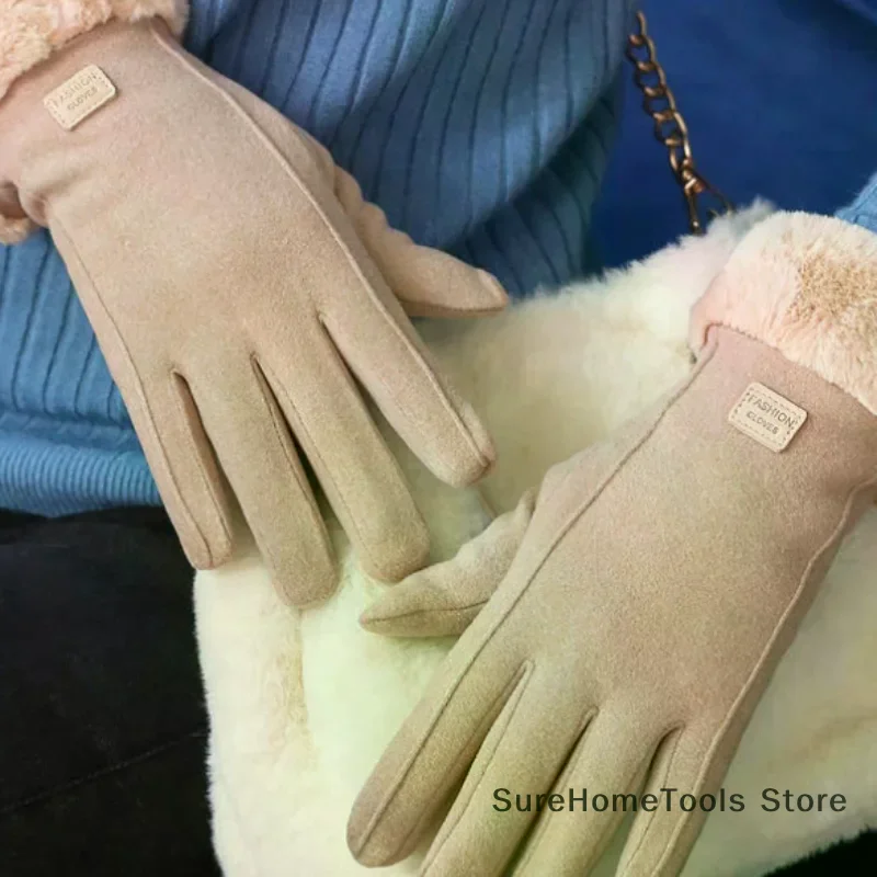 Autumn Winter Warm Suede Gloves Plus Velvet Thickened Plush Decor Cuff Gloves Outdoor Coldproof Touchscreen Riding Ski Gloves