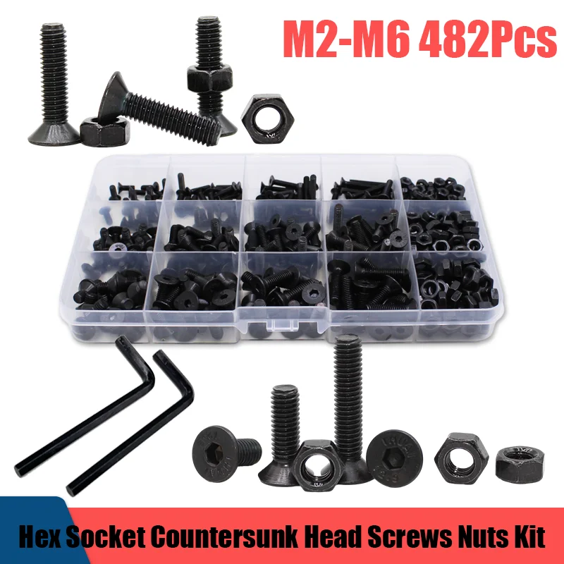 Hex Hexagon Socket Countersunk Head Screw M2 M3 M4 M5 M6 Black 10.9 Grade Alloy Steel Flat Head Bolt Nut Screws Assortment Kit