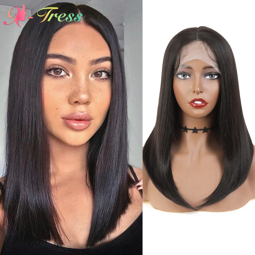 

Short Bob Wig Darker Brown Synthetic Lace Wigs for Black Women X-TRESS Middle Part Lace Wig with Natural Hairline Heat Resistant