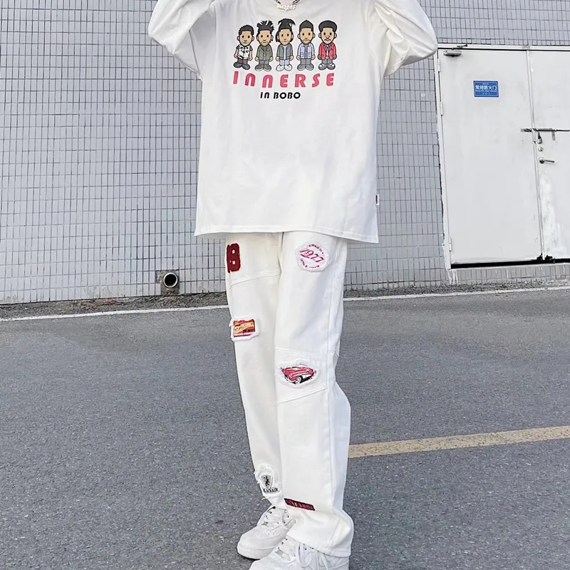 Vibe Patch Embroidery White Hip Hop Men Cargo Jeans Pants Y2K Clothes Multiple Pockets Straight Baggy Long Trousers Ropa Hombre