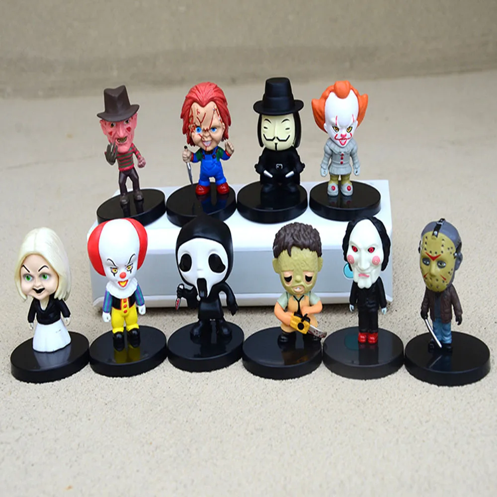 10 Pz/Set Horror Movie Figurine V Per Vendetta Chucky Freddy Jason Spaventoso Saw Pvc Action Figures/Portachiavi Giocattoli Accessori Regalo