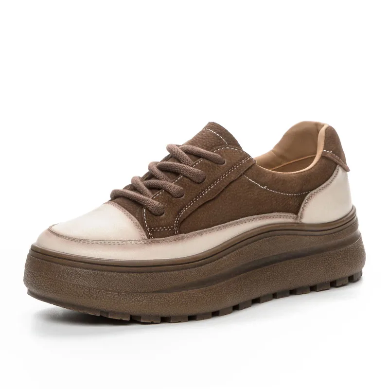 DRKANOL Fashion Mixed Colors Genuine Leather Casual Sneakers Women Thick Bottom Shoes Retro style Lace-Up Comfort Single Shoes 2