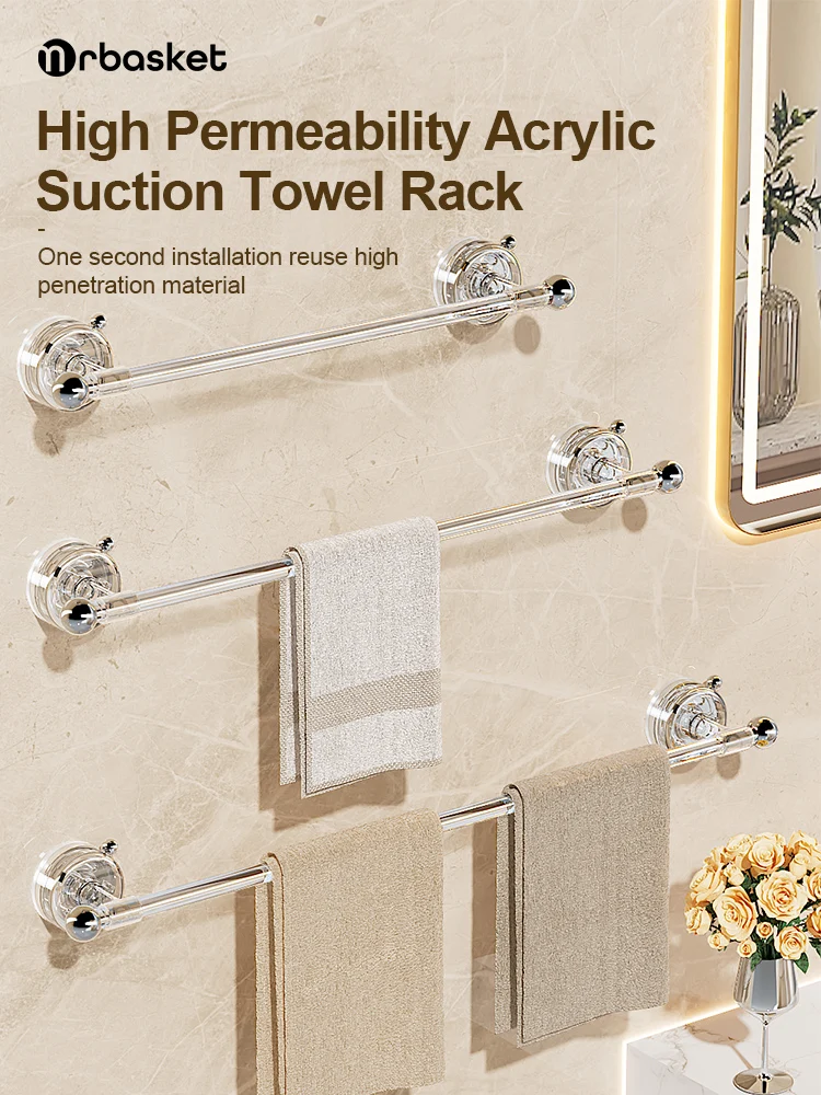 mr basket Bathroom Towel Rod Non Perforated Acrylic Towel Rack Wall Mounted Suction Cup Transparent Bath Storage Rack towel rack