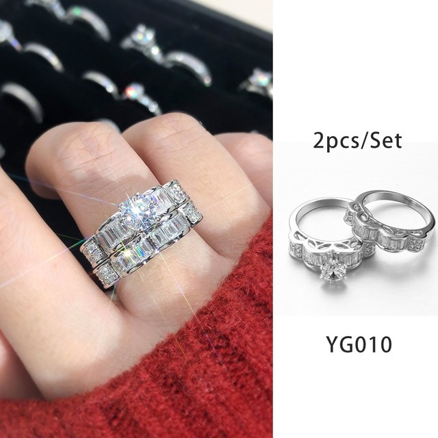 Luxury Diamond Promise Ring Set for Women Bridal Silver Color Big Zircon Proposal Marriage Wedding Cocktail Ring Jewelry