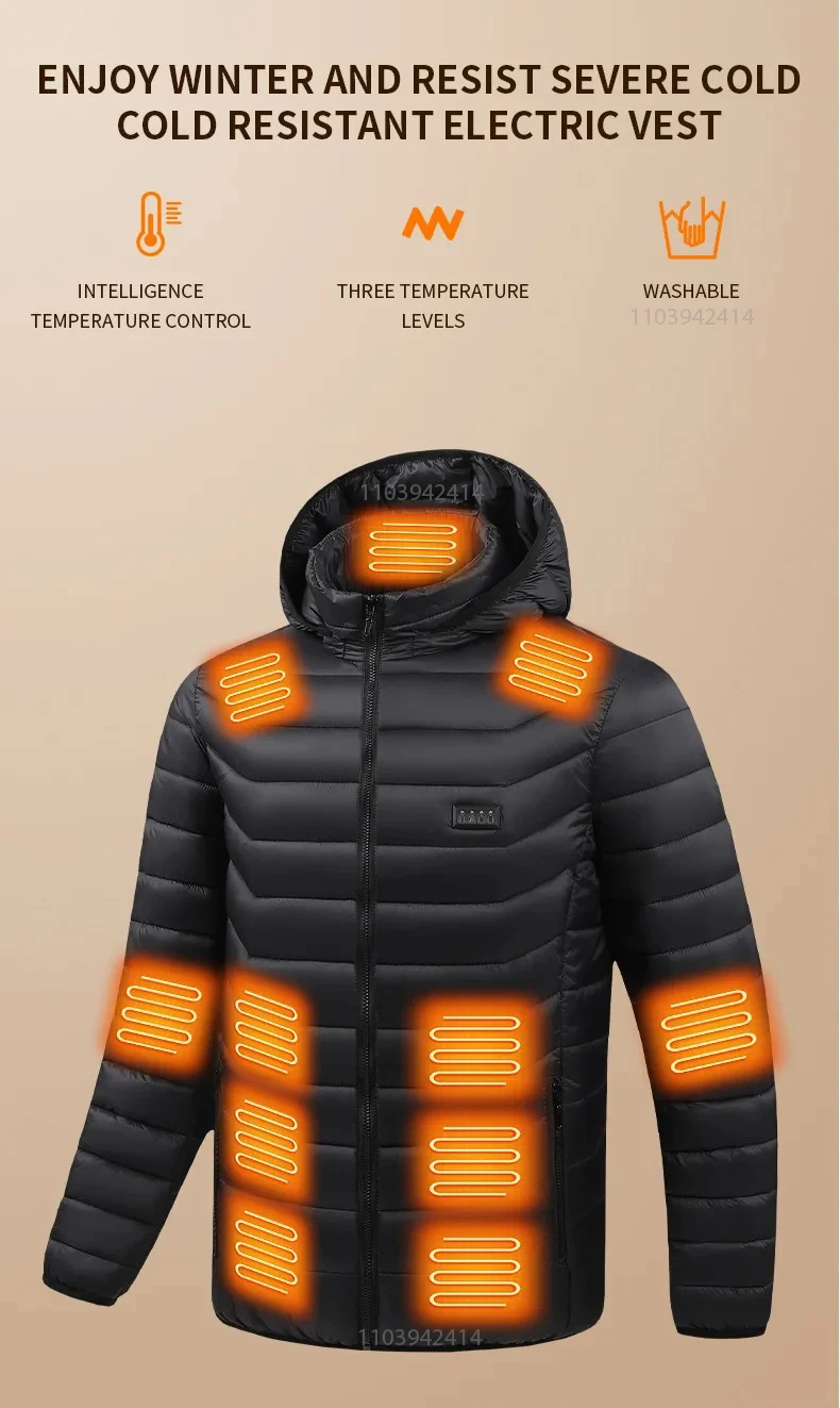 Description Picture 3 of item21 Areas Heated Jacket Men Warm Vest USB Self Heating Jacket Women Heated Coat Ski Camping Hiking Winter Cotton Clothes Washed