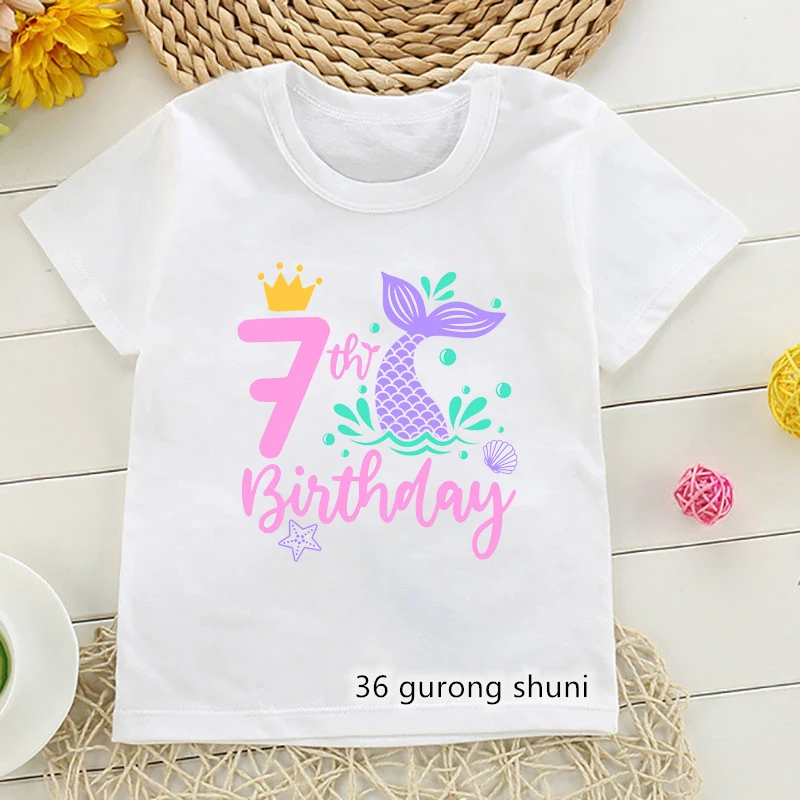 Kawaii Girls T-Shirt Cute Mermaid Birthday Number Print 1 2 3 4 5 6 7 8 9 For Kids Birthday Gift Clothing Tshirt Cute Baby Shirt 2