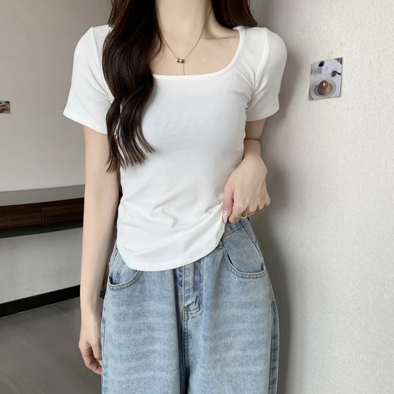 플러스 사이즈 지방 mm 사각 칼라 짧은 소매 티셔츠 여성 여름 2023 새로운 순수한 욕망 스타일 슬림 핏 슬리밍 불규칙한 탑 인 