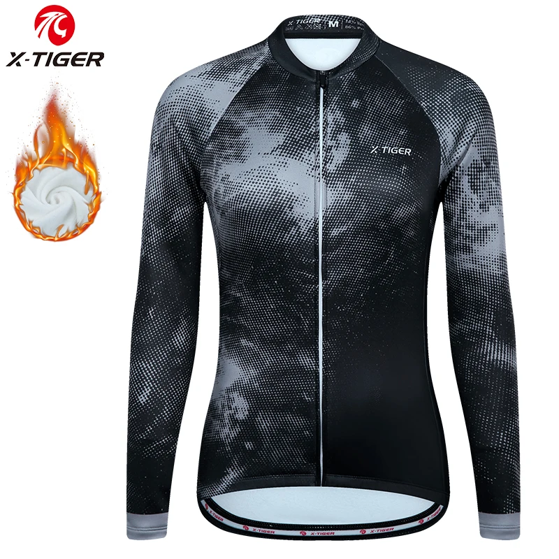 X-TIGER Maillot de ciclismo para mujer, camiseta térmica de invierno de manga larga para ciclismo con 4 bolsillos traseros, ropa de ciclismo de polar