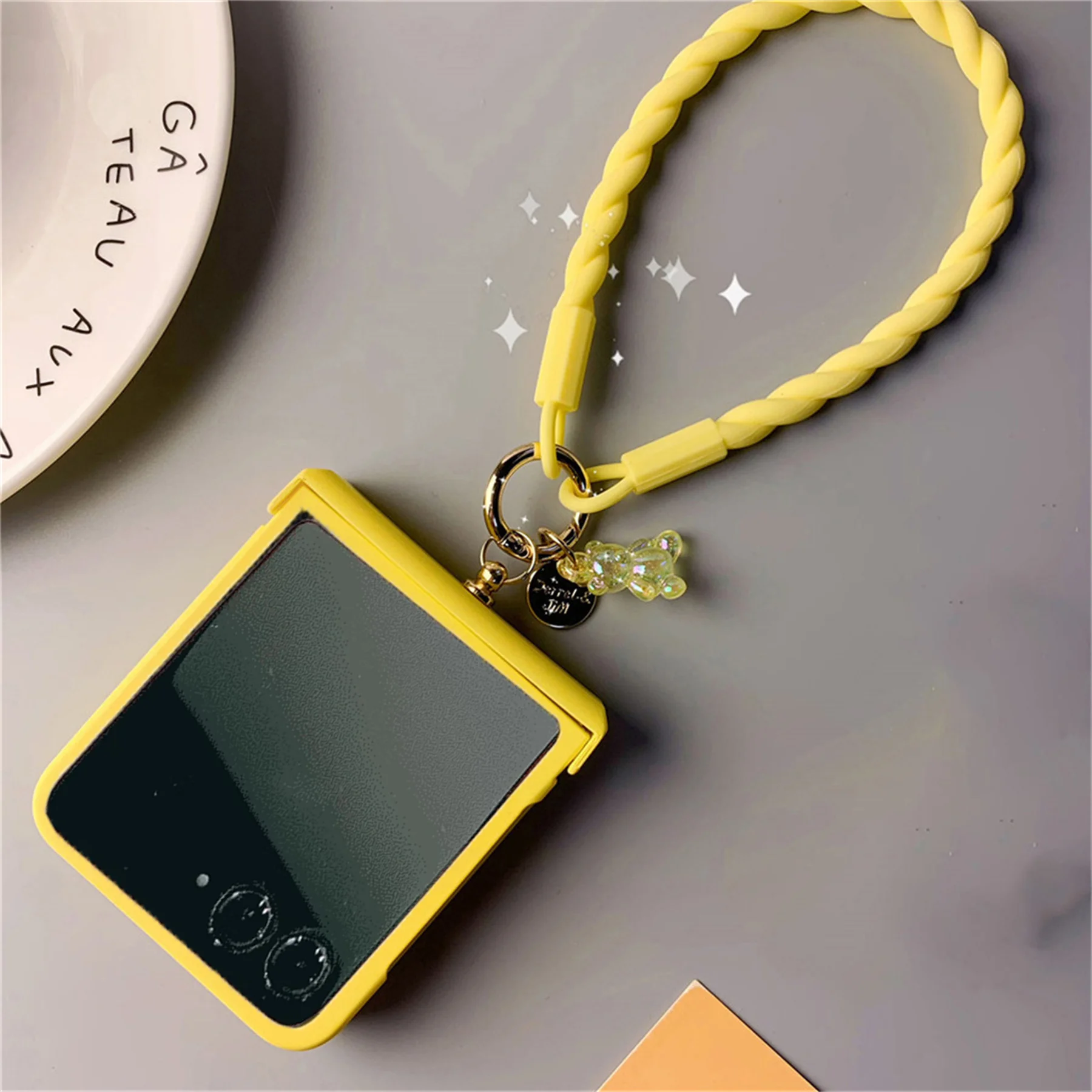 Cute Luxury Solid Color Case with Bear Silicone Wristband and Portable Rope