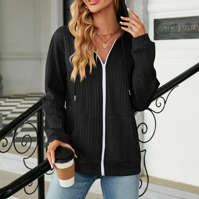 Women's Autumn and Winter Solid Long Sleeve Zipper Hoodies Casual Streetwear Loose Hooded Sweatshirts Pockets Drawstring Jackets