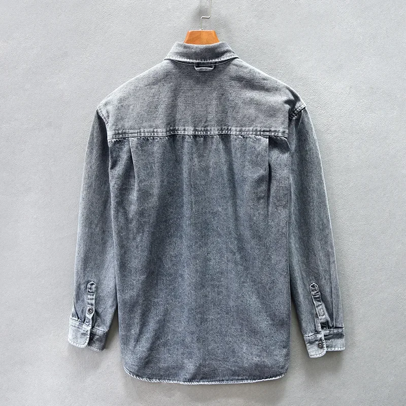 Z757 Japanese Style Casual Men's Denim Shirt Jacket Loose Fit Fall Sleeve-Length Cotton Crew Neck Shirt