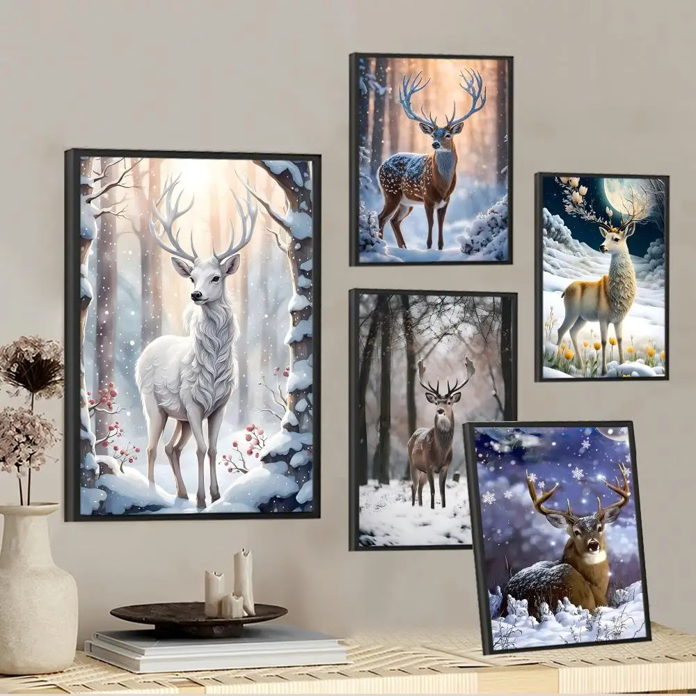 

Winter Snow Deer Forest Reed Wood Poster Self-adhesive Art Poster Whitepaper Prints Posters Artwork Aesthetic Art Wall Painting