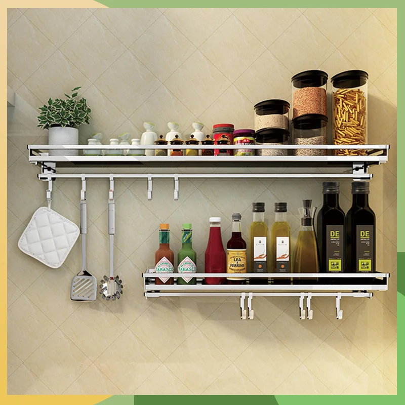 Bonderis Kichen Organizer Spices Brushed Stainless Steel Bathroom Shelf Storage Rack Wall-mounted Kitchen Organizer for Spices multifunctional stainless steel kitchen knife storage rack perforated spoon chopsticks storage rack wall hanging knife rack