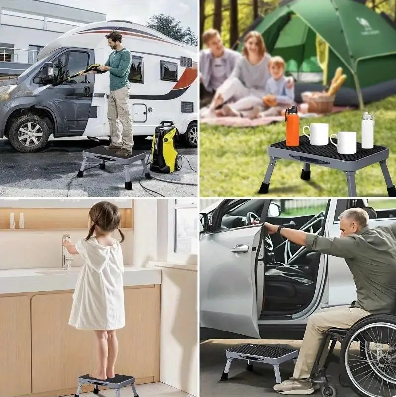 Sgabello Pieghevole In Alluminio Per Camper - Passo Regolabile In Altezza 19,5-24,5 Cm, Piattaforma Antiscivolo, Supporta 453 Kg, Giallo - 2