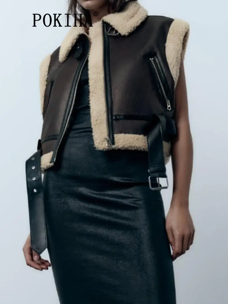 

Pokiha Fashion Women New Thick Warm Faux Shearling Short Waistcoat Vintage Long Sleeve Belt Hem Female Outerwear Chic Vest Tops