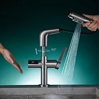 Light luxury gun gray brass kitchen faucet digital display induction design single handle cold & hot dual l 2 function sink Tap 5