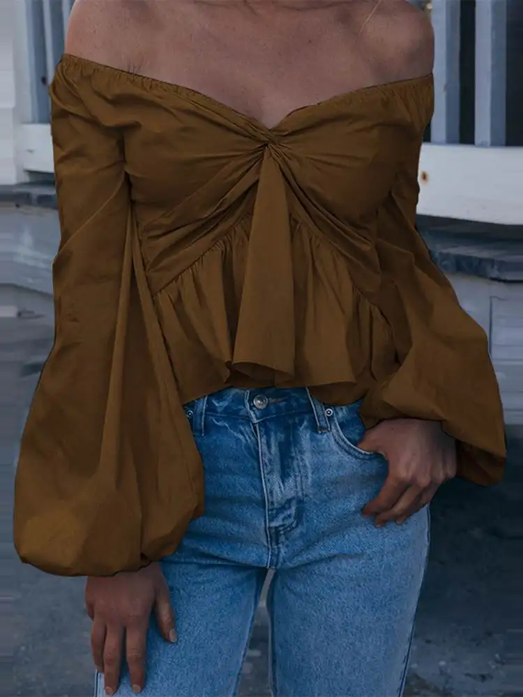 Celmia Summer Off Shoulder Shirts 2022 Women Sexy Puff Long Sleeve V-neck Ruffles Blouses Twisted Pleated Short Tops Streetwear