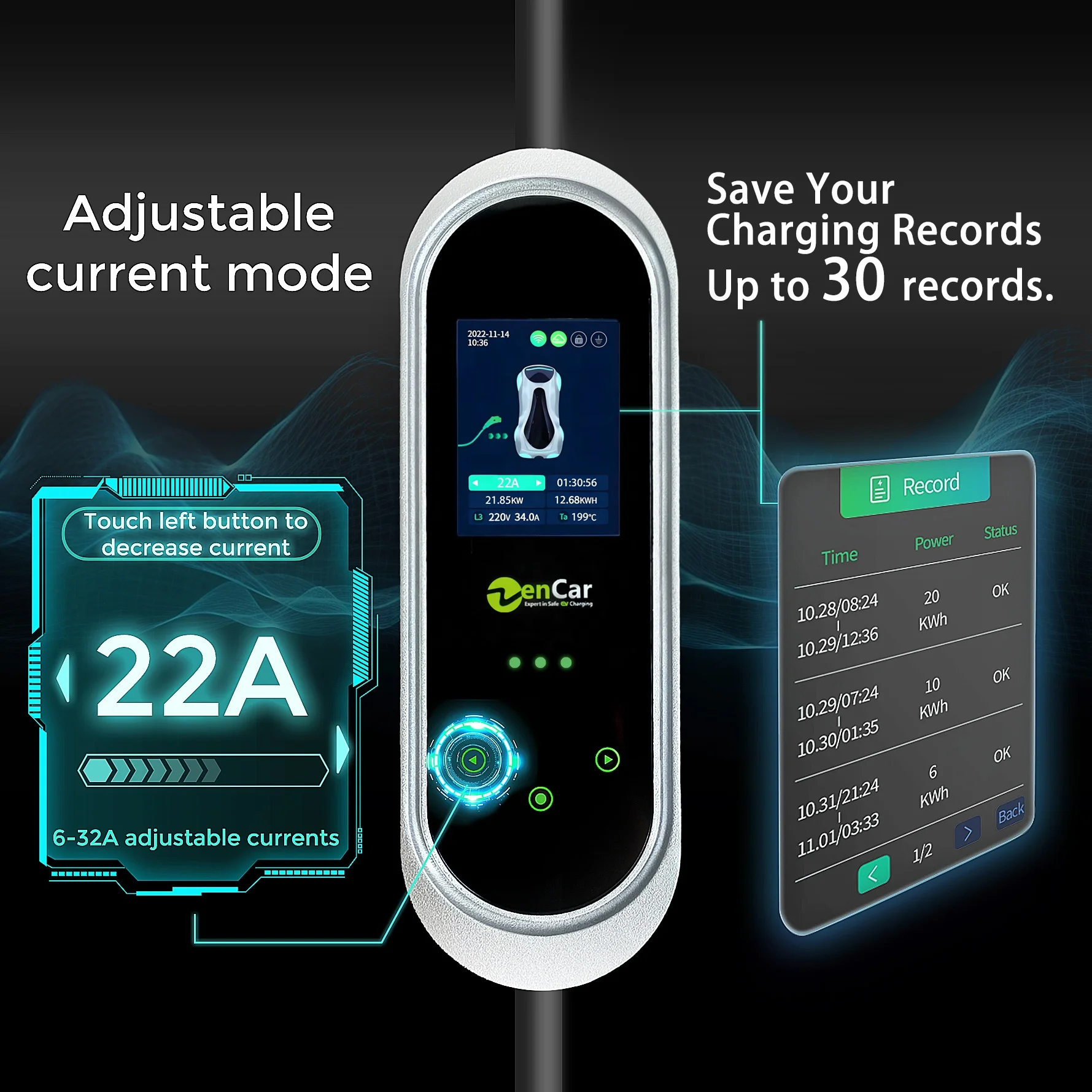 젠카 프리미엄 TUV CB CE 인증 32A 휴대용 전기차 충전소 3상 22kW EVSE 타입 2 GB 플러그 IP66 WiFi 앱 지원 홀더 포함