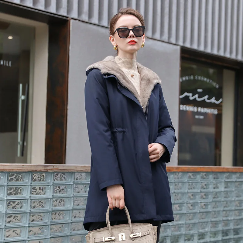 

Women's Fur Coat 2223 Trend Natural Fur Long Mink Detachable Outerwear Jackets Trench Coats New In Outdoor Clothes Clothing Blue