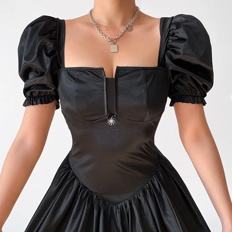 Vestido de Festa Weiyao Cetim Mini Vestidos Femininos Espartilhos Gola Quadrada Sexy Preto Plissado Puff Manga Chic Clubwear Bodycon 6 Online shopping