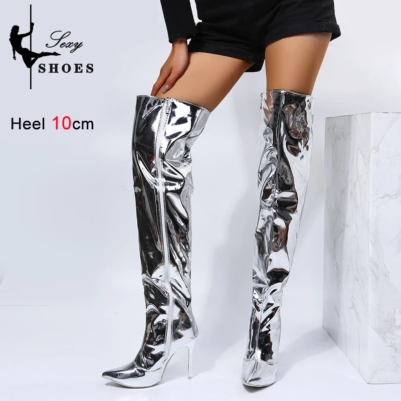 Heels Long Boots Women Autumn Winter Over-the-Knee exy Silver Mirror Thigh High Boots T Show Pointy Toe Casual  Club Party Shoes