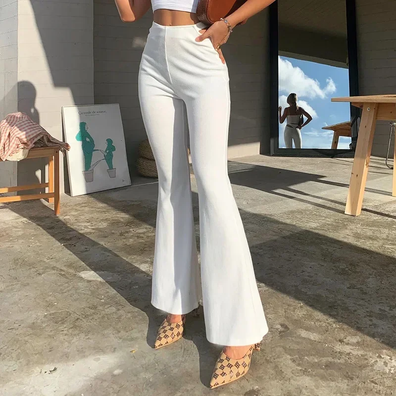 Women Fall Winter Harajuku Loose Bell Bottom Pants 2024 Solid White Knitting Sexy Cut-Out High Waist Flare Pant Female Trousers