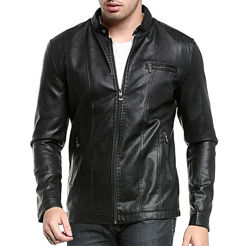 thumbnail image 1 of Chaqueta de cuero sintético lavable de alta calidad para hombre, abrigo de cuero estilo locomotora con cuello alto para hombre, 1 of 5