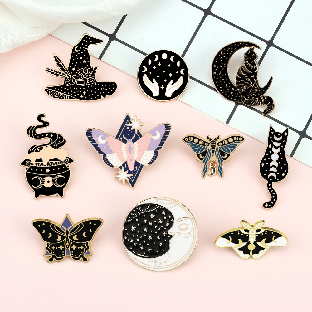 Witch Gothic Series Brooch Star Moon Cat Butterfly Punk Lapel Pins Cartoon Black Magical Hat