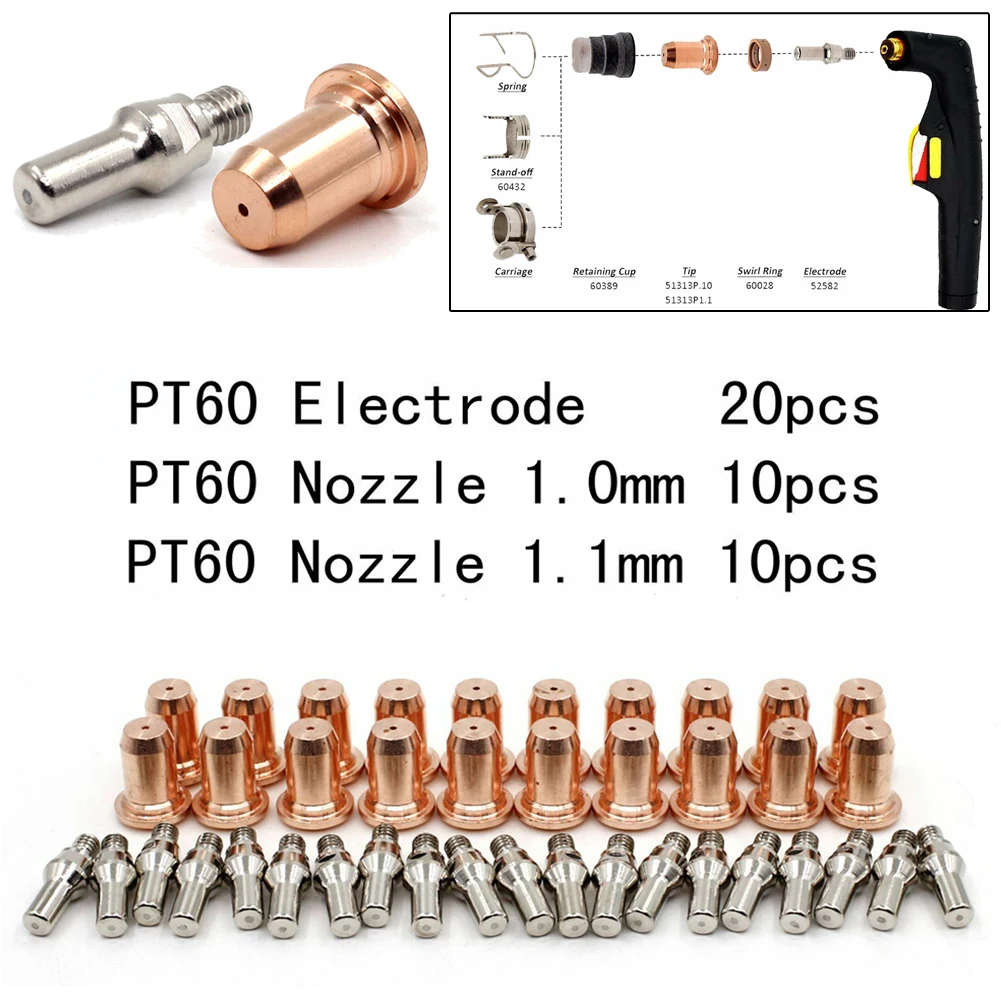 

40Pcs Plasma Tips Kit 1.0mm 1.1mm Electrode 52582 For IPT-60/PT60/PT40/IPT-40 Torch WS OEMed Plasma Cutting Consumables Nozzle