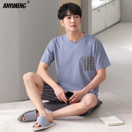 남성용 반팔 잠옷 세트, 부드러운 코튼 잠옷, 루즈 홈 수트, 플러스 사이즈, 4XL, 5XL, 6XL, 7XL 2
