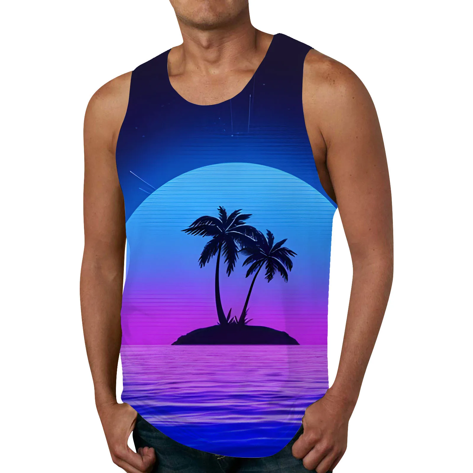 Hawaiian Tanks For Men Casual Fashionable Versatile Sleeveless Tank Summer Beach Printed Round Neck Tank Top футболка женский