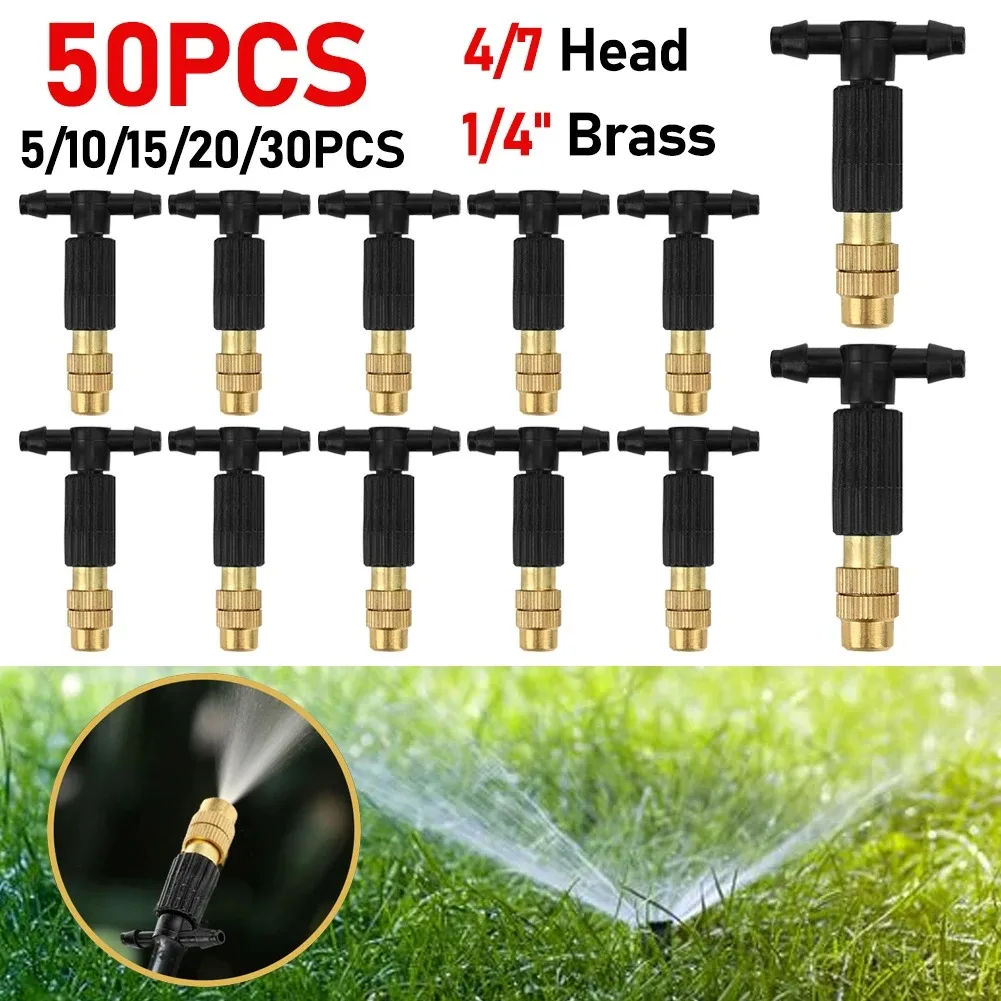 

50-5pcs 4/7PVC Outdoor Misting Cooling System Garden Irrigation Watering 1/4'' Brass Atomizer Adjustable Garden Micro Sprinklers