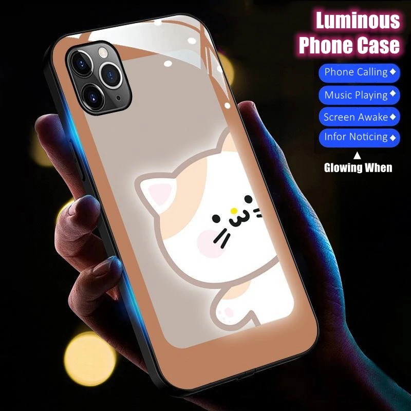 

Cute Voice Sensing LED Light Glowing Luminous Tempered Glass Phone Case for iPhone 11 12 13 14 15 X Xs Xr Mini Pro Max Plus