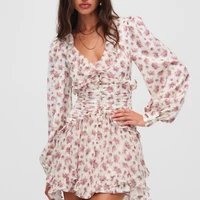 Mini robe à volants à imprimé floral Boho pour femmes, bouton avant, manches longues, col en V, robes de printemps, robe de vacances, courte, éducative, 2025 1